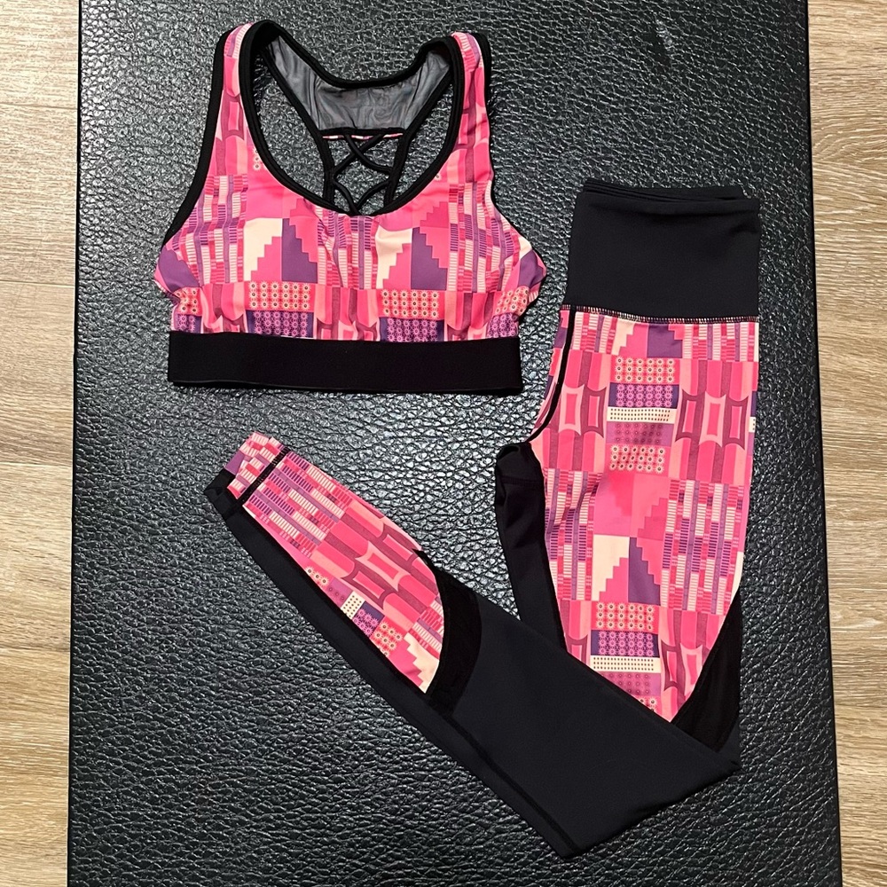 CultureFit leggings and sports bra yoga set, pink kente